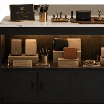 Elegant leather wallets and accessories displayed on a dark shelf with warm lighting.