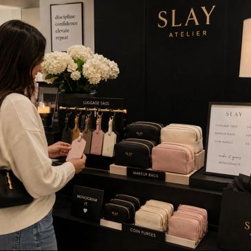 Woman shopping at a stylish boutique displaying luggage tags and makeup bags.