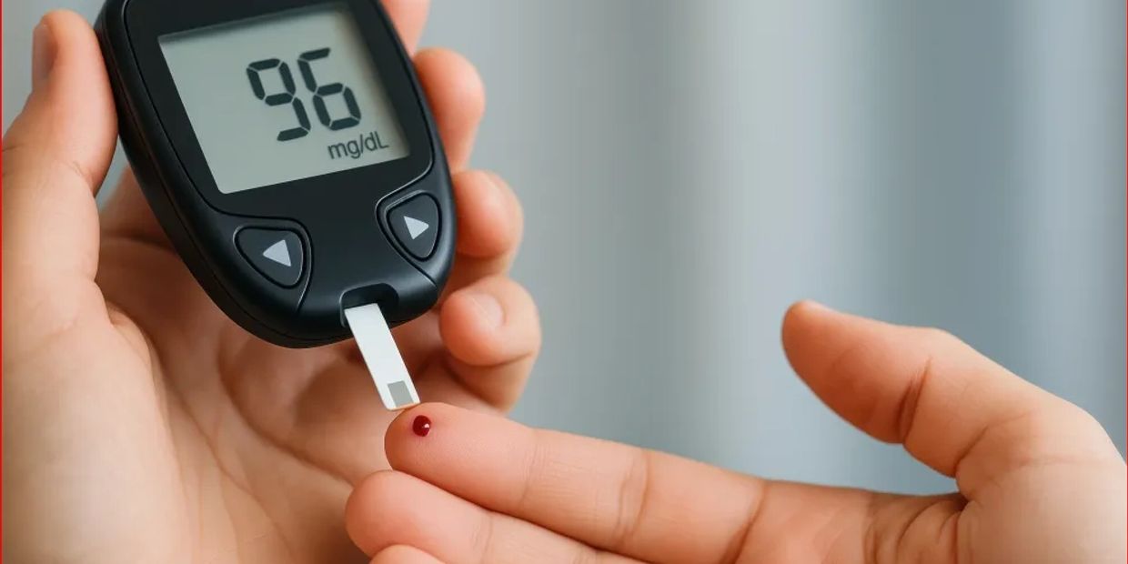 Blood glucose meter showing a reading of 96 mg/dL from a fingertip blood sample.