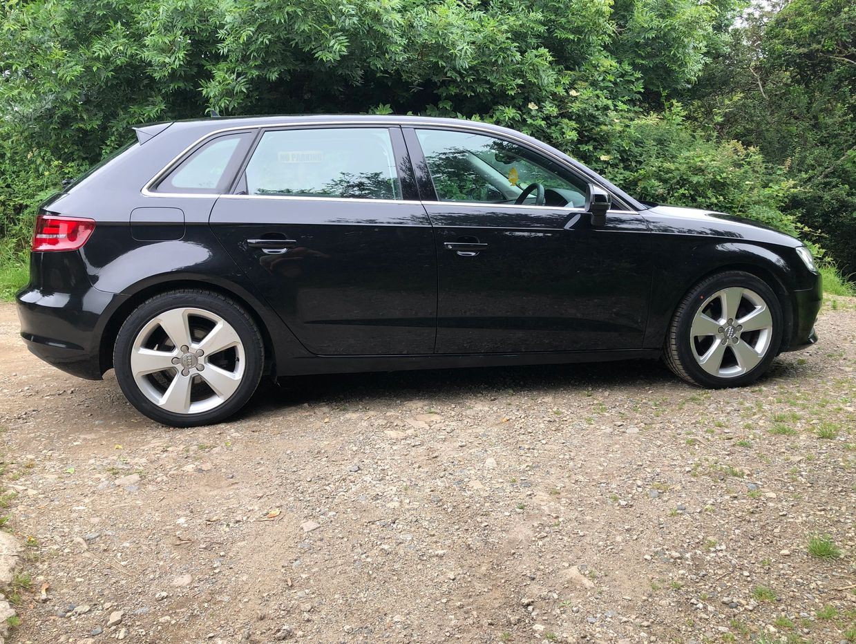 Black Audi hatchback car parked on a gravel path beside green bushes.