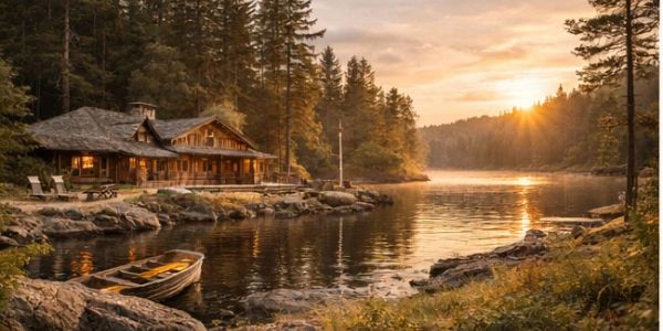 Cabin by a serene lake at sunset.