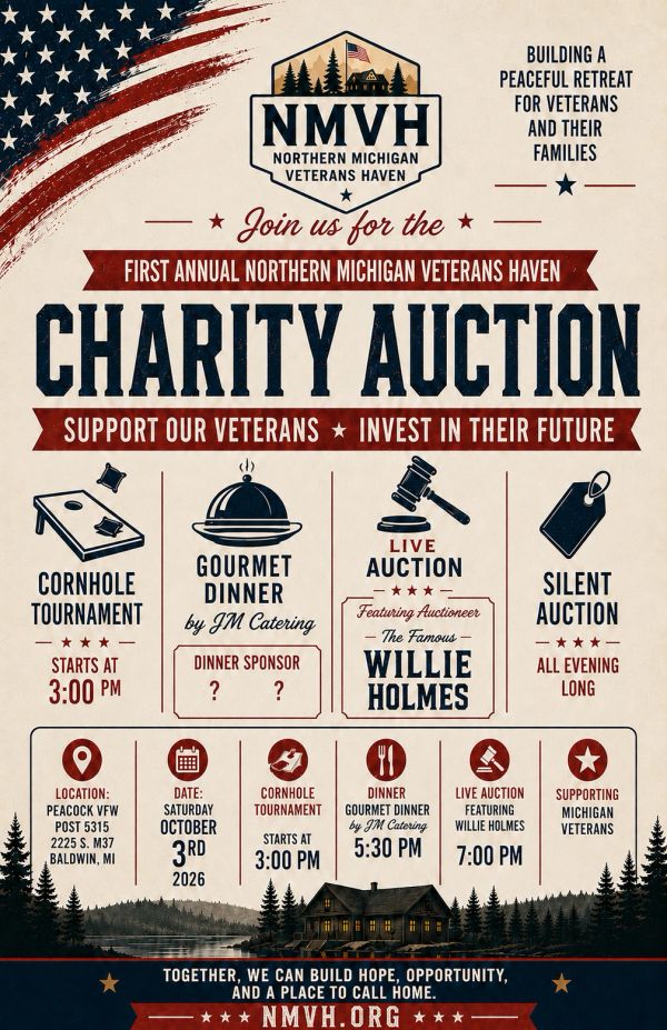 Charity auction event for Northern Michigan Veterans Haven on October 3, 2026.