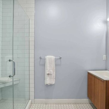 Walk in shower and modern bathroom layout.