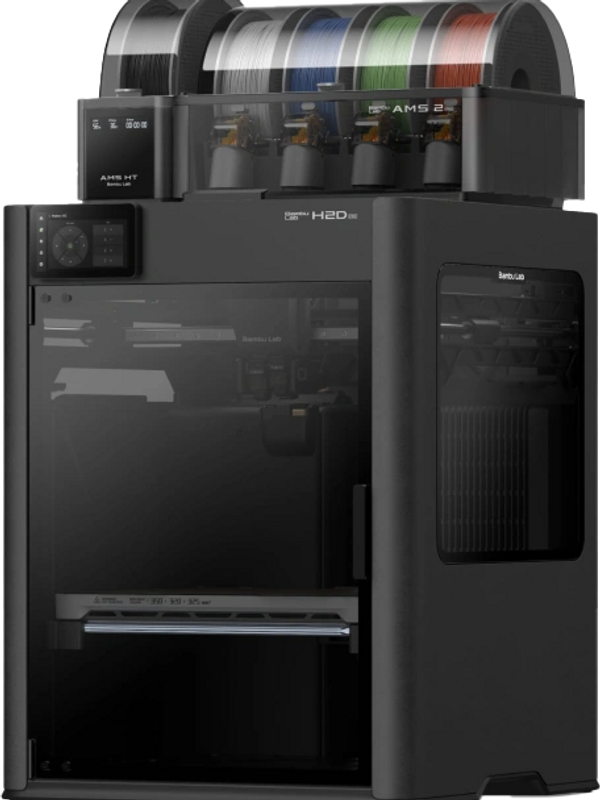 A Bambu Lab H2D 3D printer with a filament management system on top.