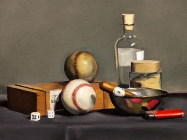 Still life painting with baseballs, dice, a cigar, and bottles on a dark table.