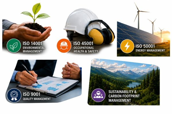 Infographic showcasing various ISO standards for management and sustainability.
