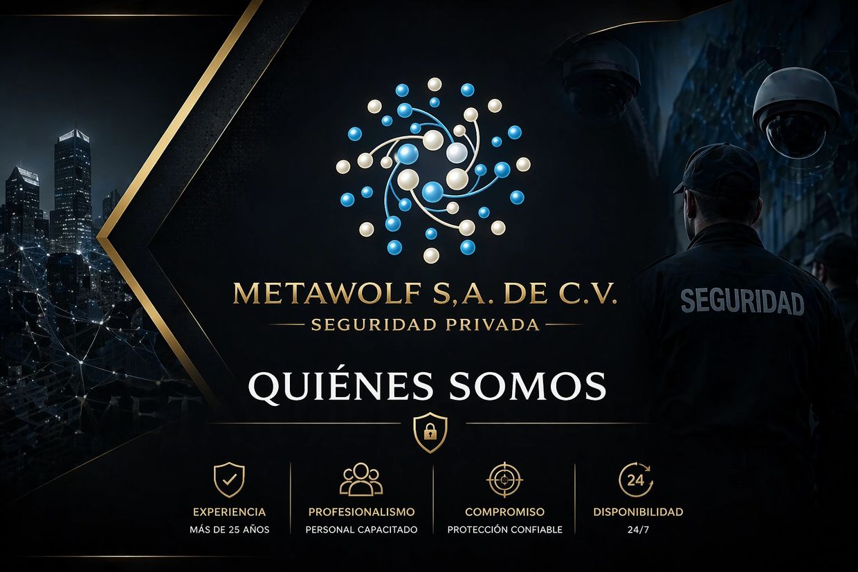 Logo and services of METAWOLF S.A. DE C.V., a private security company with over 25 years experience.