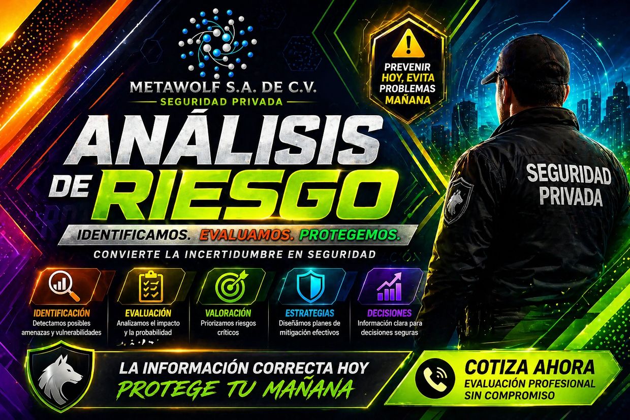Análisis de riesgo y seguridad privada con Metawolf S.A. de C.V., protegiendo tu mañana.