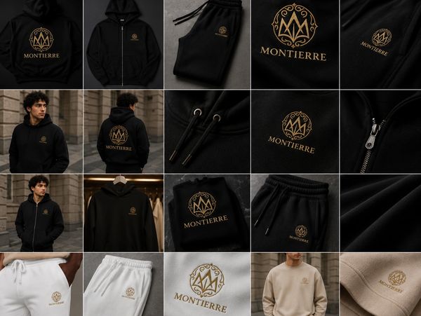 Luxury Montierre streetwear collection featuring premium embroidered gold logo designs