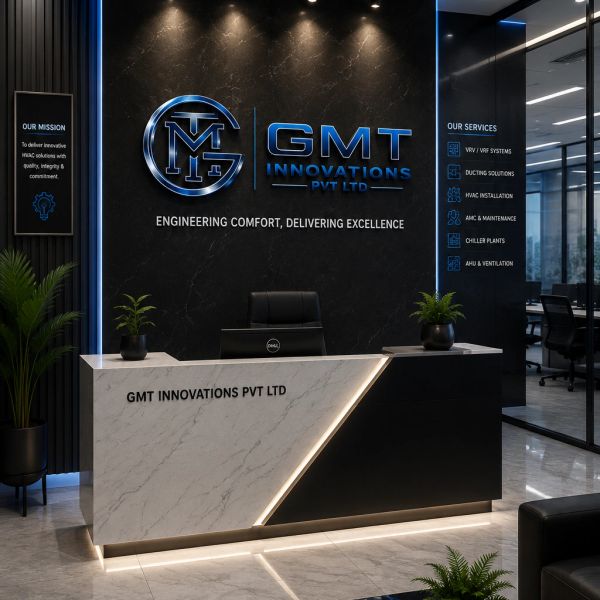 Modern reception area of GMT Innovations Pvt Ltd with sleek design.