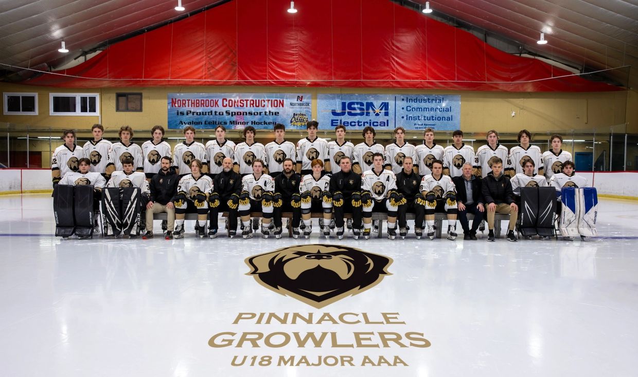 Pinnacle Growlers U18 Major AAA hockey team posing on ice rink.