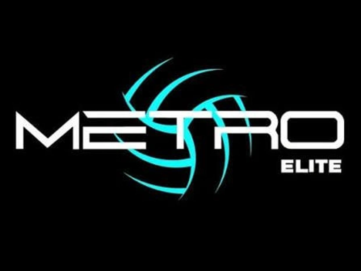 Logo with the text 'METRO ELITE' and a blue swirl design on black background.