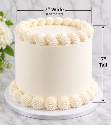 Simple white frosted cake with dimensions 7 inches wide and tall.