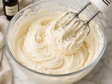 Electric mixer blending creamy batter.
