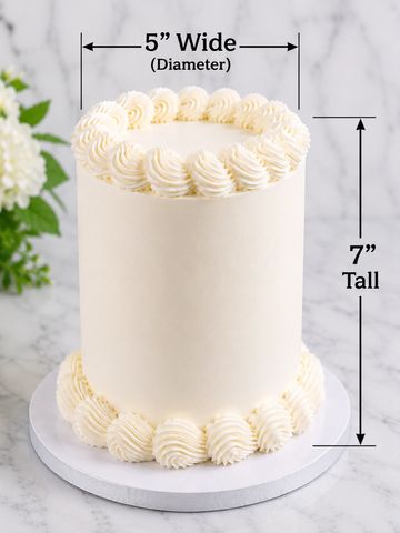 Tall white frosted cake with piped whipped cream borders.