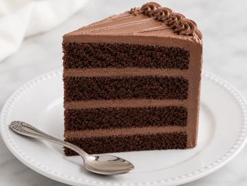 A slice of rich chocolate layer cake on a white plate.