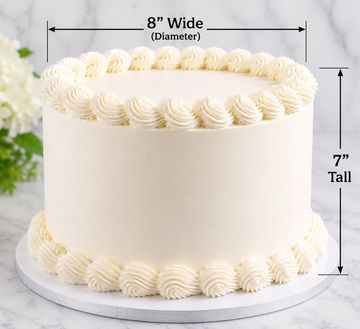 Tall vanilla cake with decorative white icing.