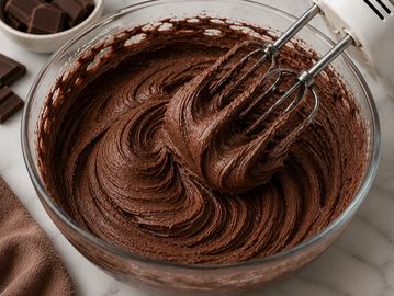 Chocolate batter being mixed in a glass bowl.