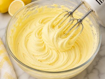 Mixing lemon-flavored batter with an electric mixer.