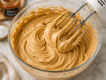 Salted caramel frosting in a mixing bowl with beaters.