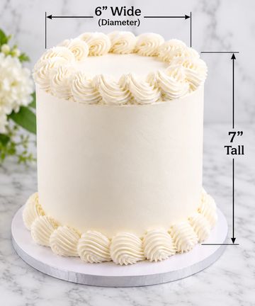 Tall white cake with decorative frosting swirls.