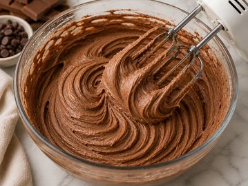 Chocolate batter being mixed in a bowl.