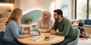 Couple consulting with a professional at a meeting table.