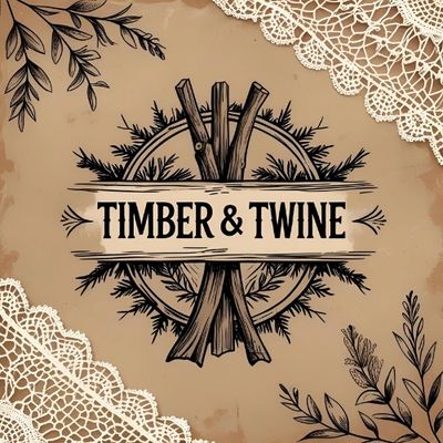 Rustic logo of Timber &amp; Twine with wood and lace design elements.