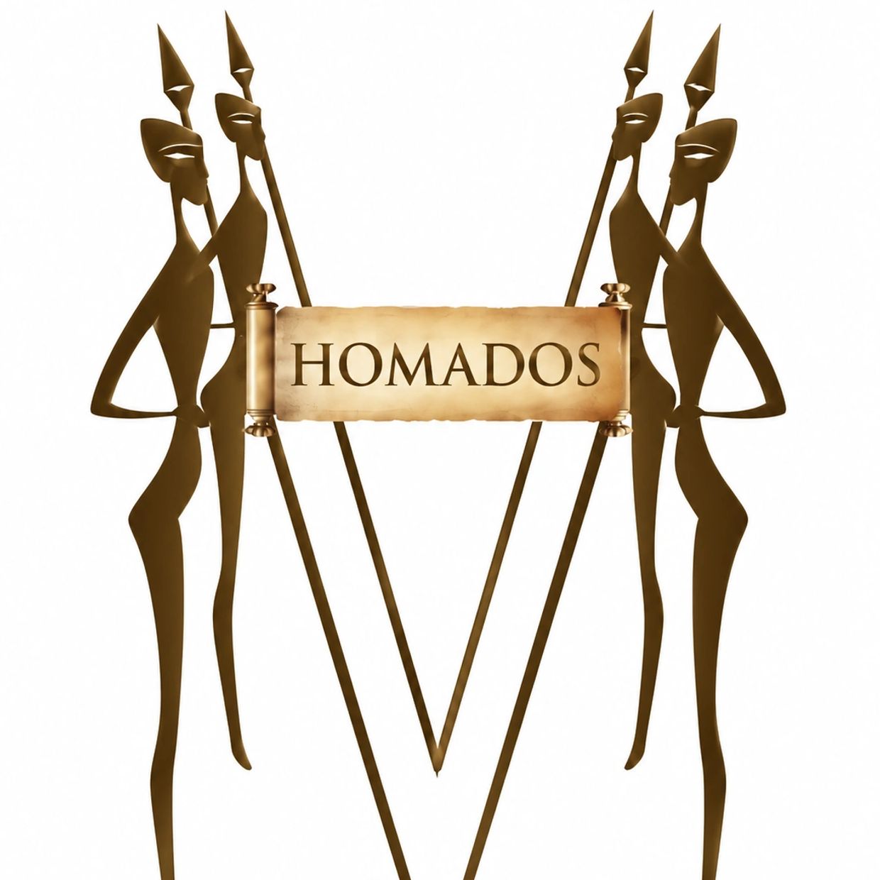 Stylized bronze warriors holding a scroll with 'HOMADOS' text.