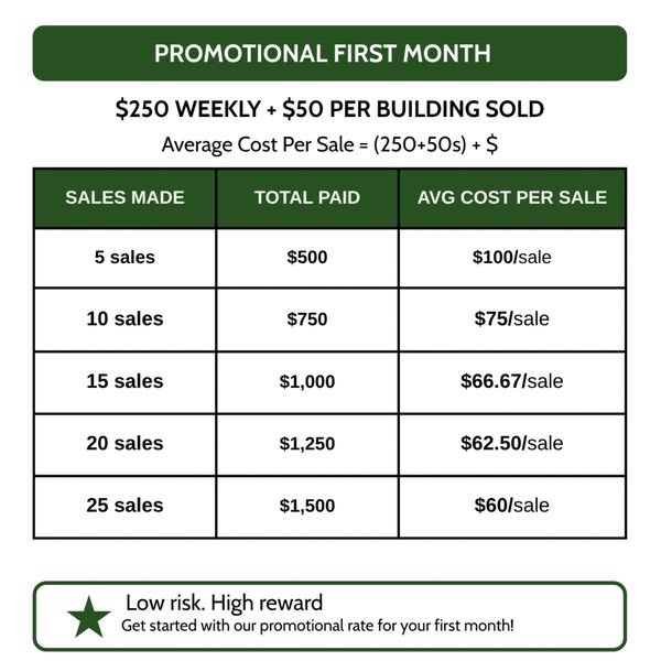 Promotional pay structure showing weekly and per-sale earnings with decreasing average cost per sale.