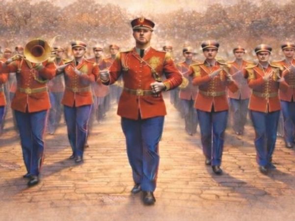 Traditional military marching band with the drum major front and center.