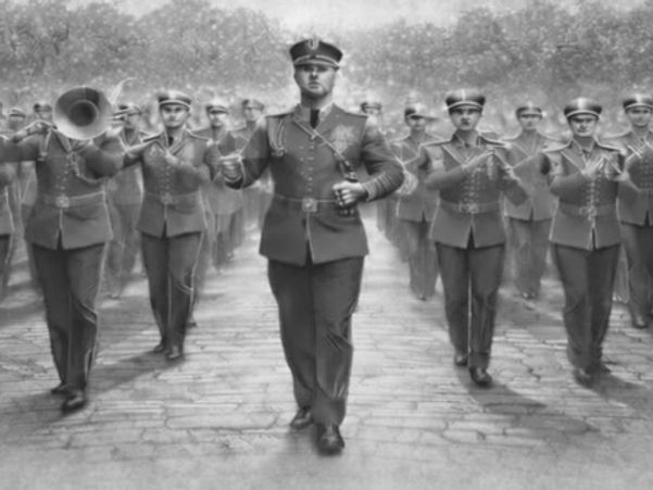 Traditional military marching band with the drum major front and center.
