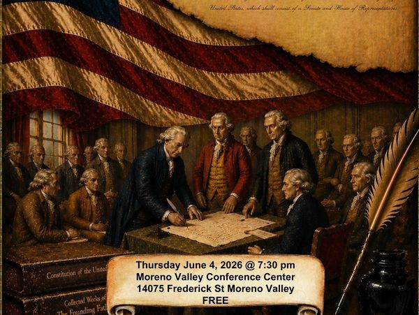 Founding Fathers sign the U.S. Constitution with event details overlay.