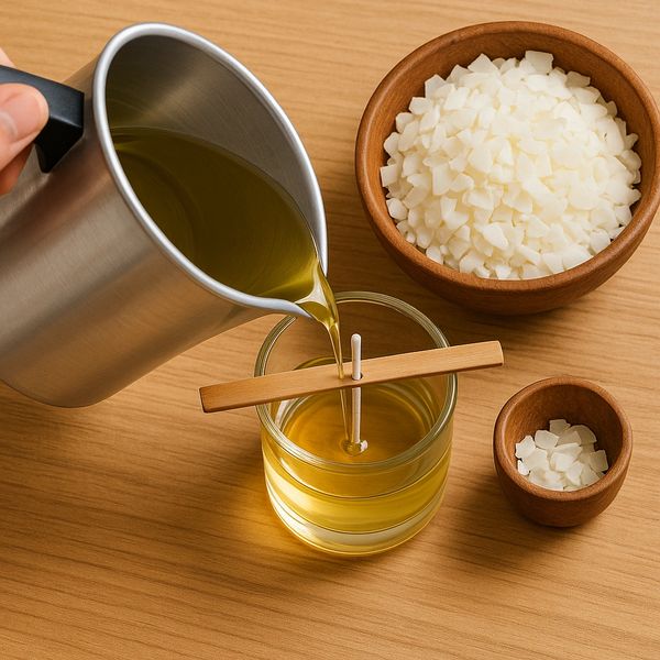 Pouring melted wax into a candle jar with a wick, surrounded by soy wax flakes for candle making.