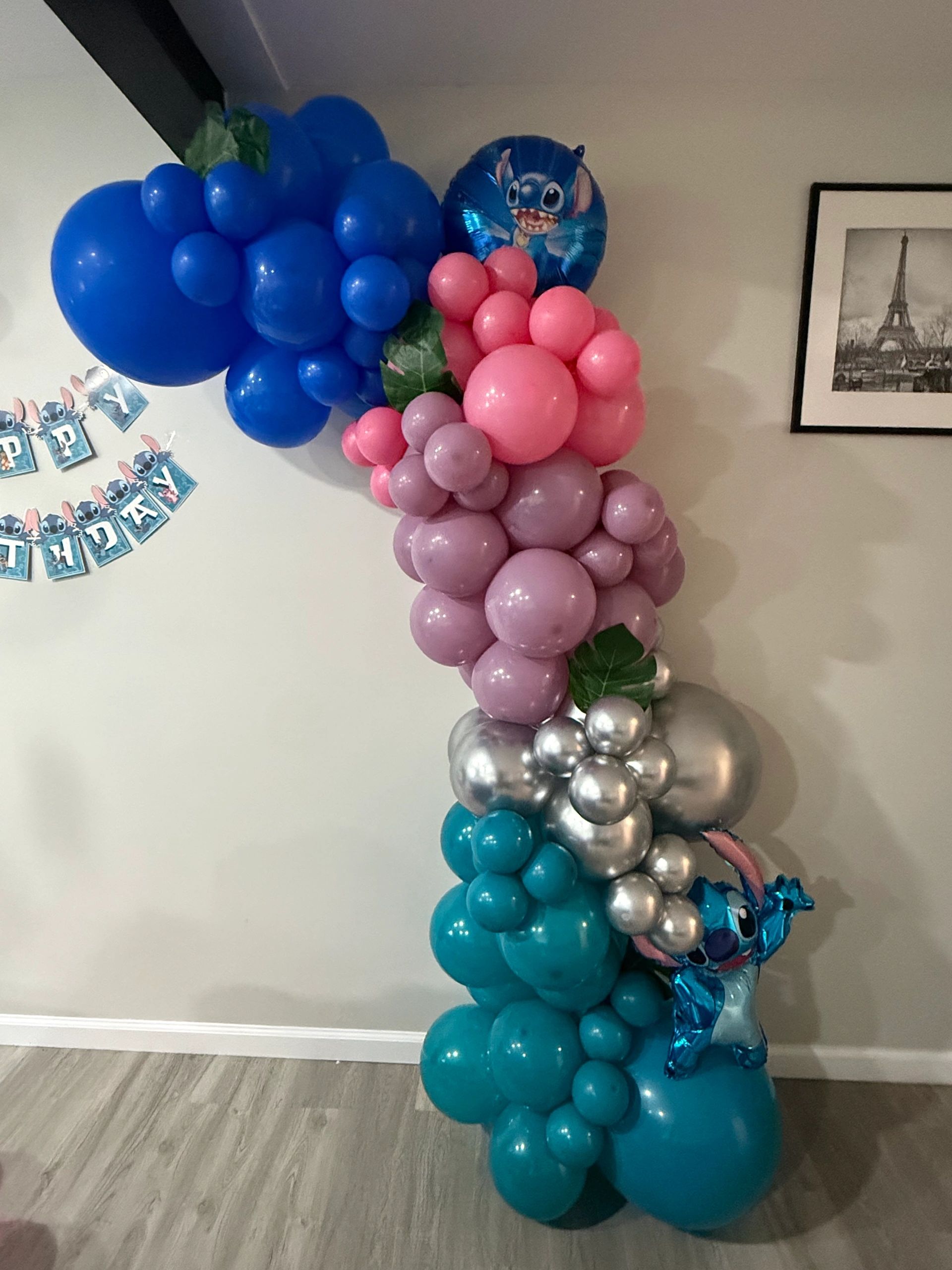 Organic blue, pink, teal and silver balloon garland setup for a celebration in Westchester, NY.
