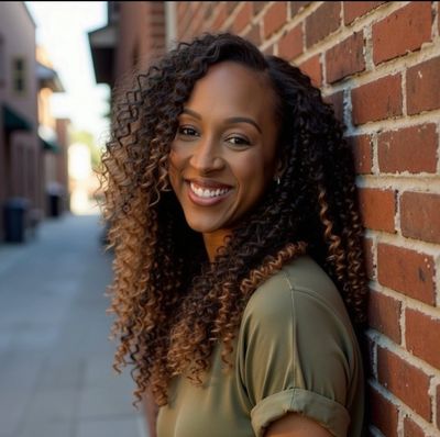 Smiling woman with curly hair leaning against a brick wall.