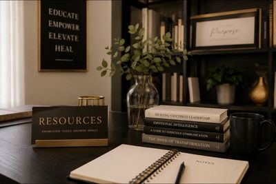A cozy workspace with inspirational books, a notebook, and a 'Resources' sign on the desk.