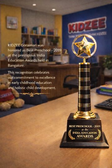 Trophy awarded to KIDZEE Goraimari as Best Preschool 2019 at India Education Awards.