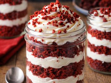 Red velvet cake layered with cream in jars.