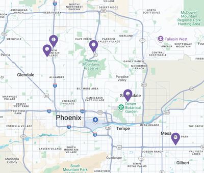 “Map showing The Healing Effect therapy office locations in Phoenix, Scottsdale, and Mesa, Arizona”