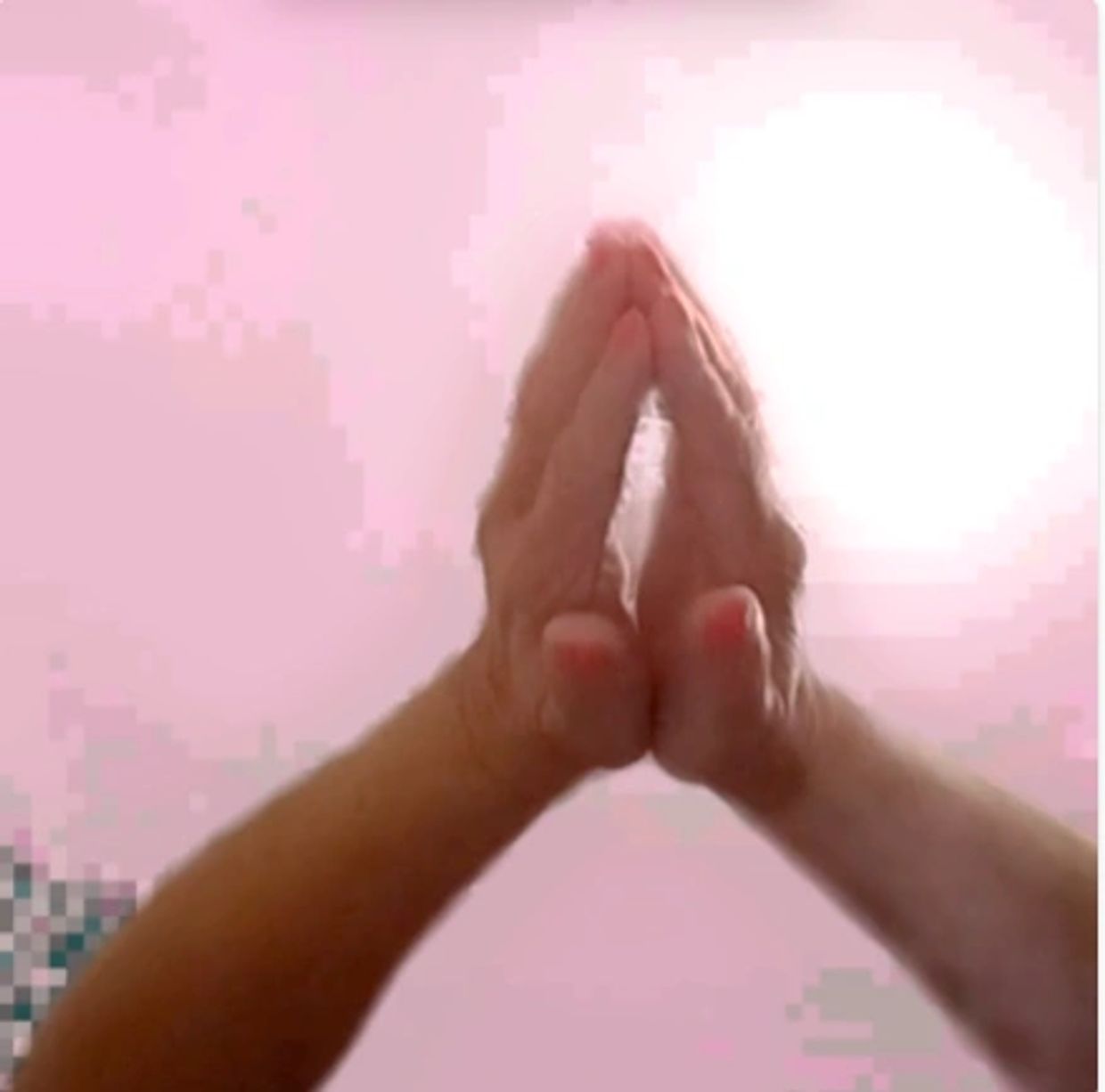 Two hands pressed together against a pink background.
