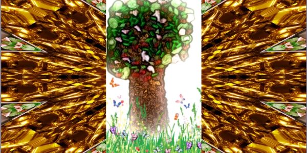A colorful tree with butterflies and flowers, framed by a golden kaleidoscopic pattern.