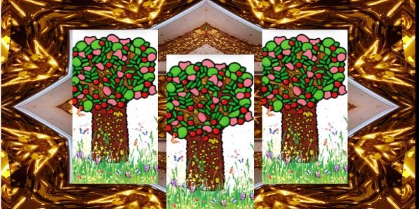 Three colorful cartoon trees with fruits against a golden patterned background.