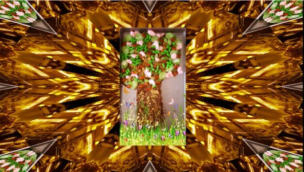 Artistic image of a tree with colorful leaves against a golden abstract background.