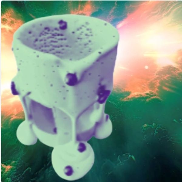 A frosted cake with blueberries against a cosmic background.