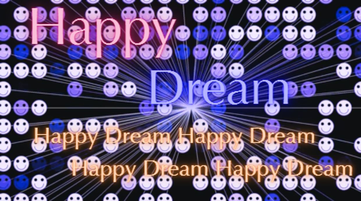 Colorful text with smiling faces background.