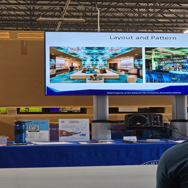 Presentation screen displaying interior design layout and pattern.