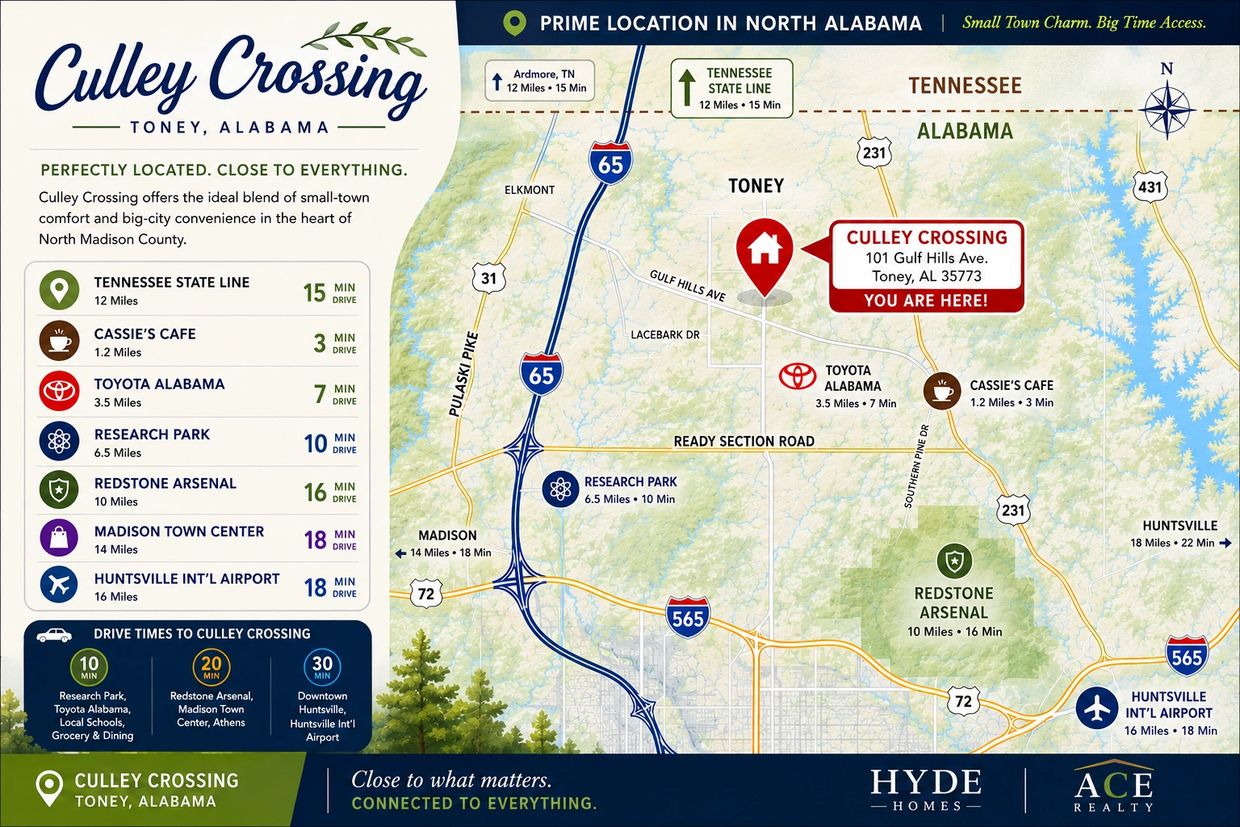 Map of Culley Crossing in Toney, Alabama, highlighting nearby amenities and drive times.