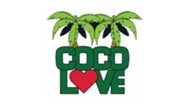 Logo with three palm trees and text 'COCO LOVE' with a heart.