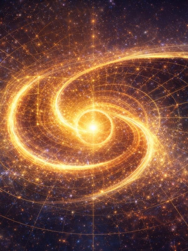 Glowing golden spiral galaxy with grid lines in a star-filled universe.